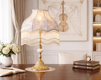 Vintage Floral Table Lamp, Cottagecore Bedside Lamp, French Country Lighting, Pink Rose Lampshade with Beaded Fringe, Romantic Home Decor