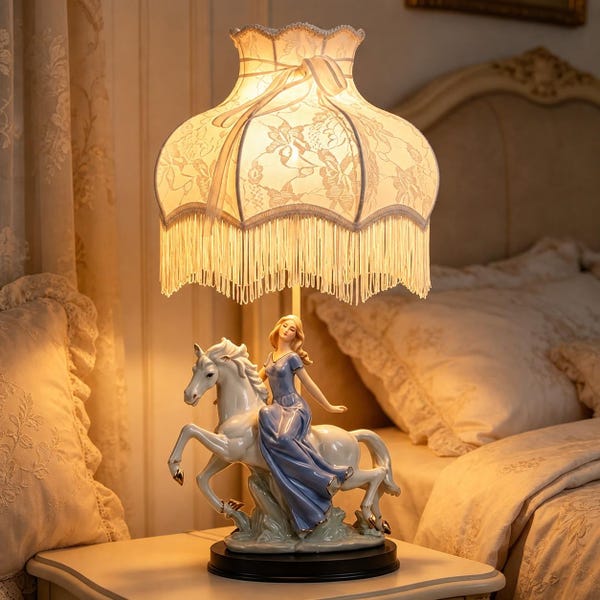Romantic Horse Lamp with Lady Figurine, Vintage Lace Tassel Lampshade, Hand Painted Ceramic Table Lamp, Elegant Bedroom Decor Gift