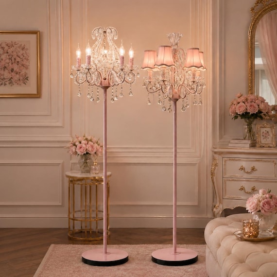 Pink Crystal Floor Lamp, Princess Standing Lamp, Rococo Style Floor Light, Feminine Bedroom Decor, Luxury Pink Chandelier Lamp