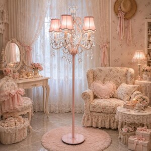 May include: A pink floor lamp with five shades and crystal detailing is the focal point of a room with floral wallpaper and lace curtains. A floral armchair, vanity, and rug complete the elegant decor.