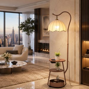 May include: A floor lamp with a curved, bronze-colored frame and a cream-colored, scalloped lampshade. It features two round, bronze-colored side tables with plants and a small decorative object. The lamp is in a modern living room with a city view.
