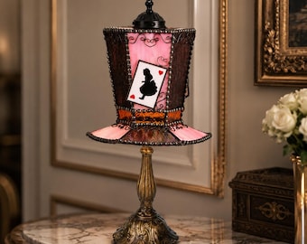 Alice in Wonderland Stained Glass Hat Lamp, Handmade Tiffany Style Table Lamp, Vintage Mad Hatter Decor, Fantasy Art Light