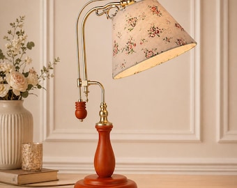Vintage Wood Table Lamp, Fabric Shade Bedside Lamp, European Style Desk Lamp, Luxury Bedroom Nightstand Lamp, Home Office Reading Light