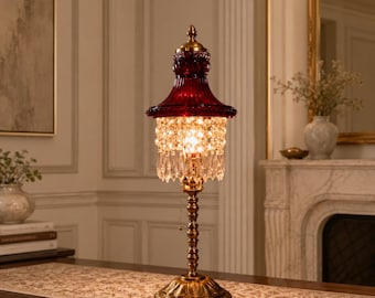 Vintage Crystal Tassel Table Lamp, Art Deco Brass Lamp with Colored Glass Shade, Luxury Bedside Lighting, Gatsby Style Decor