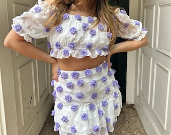 Size 2/4 Lavender roses 2-piece off the shoulder crop top and skirt; tie up heels and matching earrings