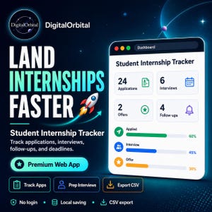 May include: Digital advert for a student internship tracker. The graphic shows the text "LAND INTERNSHIPS FASTER" with a rocket ship illustration. The app interface displays application, interview, and offer tracking, with progress bars.
