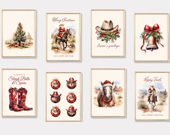 May include: Set of eight printable Christmas cards featuring a western theme. The cards feature illustrations of a cowboy riding a horse, a Christmas tree, a cowboy hat, a bell, and cowboy boots. The cards also include the text "Merry Christmas", "Season's Greetings", "Happy Trails", and "I'm Dreaming of Sleigh Bells & Spurs".