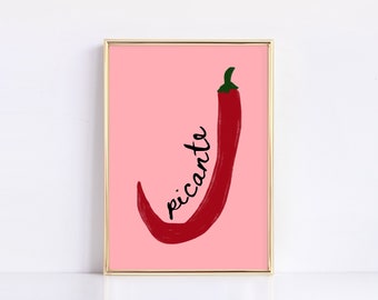 May include: A pink background with a red chili pepper and the word "picante" written in black cursive.