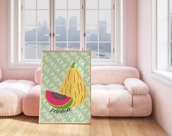 Papaja groene kunstprint | Maximalistische muurkunst | Botanische poster | Afdrukbare keukenmuurkunst | Trendy woondecoratie | Digitaal downloaden