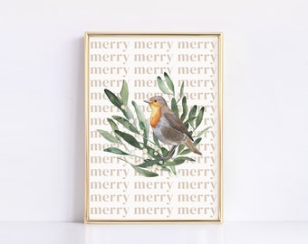 Merry Christmas Bird Print | Christmas Decor | Christmas Neutral | Rustic Christmas | Christmas Wall Art | Holiday Decor | Digital Print