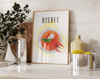 Kreeftenbisque Art Print | Keuken kunst aan de muur | Zeevruchten afdrukken | Woondecoratie | Soepposter | Voedselafdruk | Digitaal downloaden