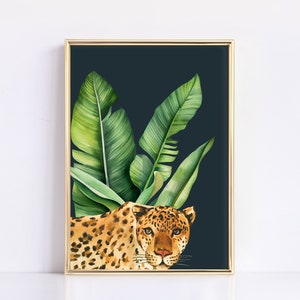 Tropical Leopard Print | Safari Decor | Tropical Palm | Animal Wall Art | Jungle Print | Dark Green | Trendy Wall Decor | Digital Download