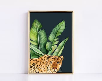 Tropical Leopard Print | Safari Decor | Tropical Palm | Animal Wall Art | Jungle Print | Dark Green | Trendy Wall Decor | Digital Download