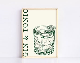 May include: A printable art print with a green illustration of a gin and tonic cocktail with a lime wedge on top. The text "GIN & TONIC" is written vertically in green on the left side of the image.