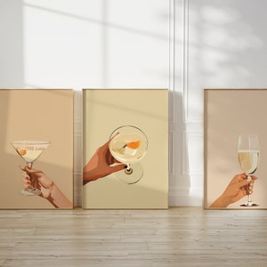 Neutralny zestaw 3 wydruków Cheers | Dekoracja ścienna wózka barowego | Wydruk koktajlu Cheers | Akcesoria barowe | Neutralna sztuka ścienna | Pobieranie cyfrowe