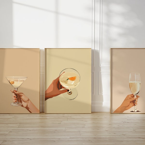 Neutral Cheers Set de 3 impresiones / Bar Cart Wall Decor / Cheers Cocktail Imprimible / Accesorios de bar / Arte de pared neutral / Descarga digital