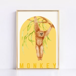 May include: A watercolor illustration of a monkey hanging from a branch. The monkey is brown and has a yellow background. The word "MONKEY" is written in yellow letters at the bottom of the image.