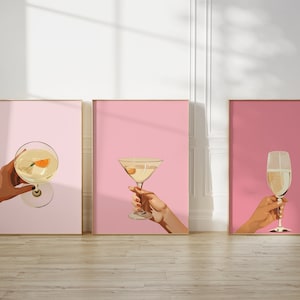 Ensemble de 3 impressions Pink Cheers | Décoration murale pour chariot de bar | Cheers Cocktail imprimable | Accessoires de bar | Art mural neutre | Téléchargement numérique