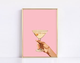 Roze proost Martini print | Barwagen wanddecoratie | Proost Cocktail afdrukbaar | Baraccessoires | Roze muurkunst | Digitaal downloaden