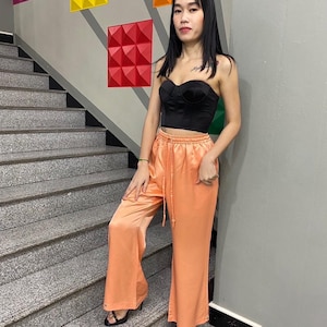 Orange Silk Satin Pants: Custom Elastic Waistband, Plus Size