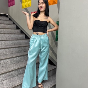 Blue Silk Satin Wide Leg Pants: Custom Elastic Waist Trousers