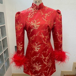 Red Feather Qipao Dress: Plus Size Cheongsam, Modern Chinese Wedding