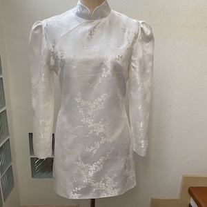White Flower Cheongsam Mini Dress Vintage Chinese Qipao Dress Plus Size Floral Dress for Bride Wedding Guest Dress Cocktail Dress