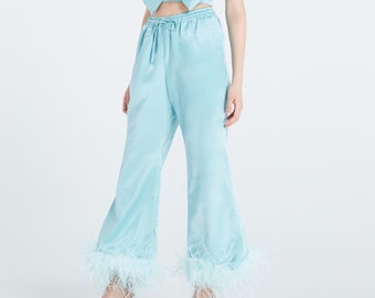 Elastic waistband turquoise wide leg silk satin pants  Custom trousers Palazzo pants Personalized feather pants Pajamas Lounge Pants