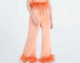 Orange wide leg silk satin pants with feather for women Custom trousers Palazzo pants Satin Pants for Women Feather Pajamas Lounge Pants