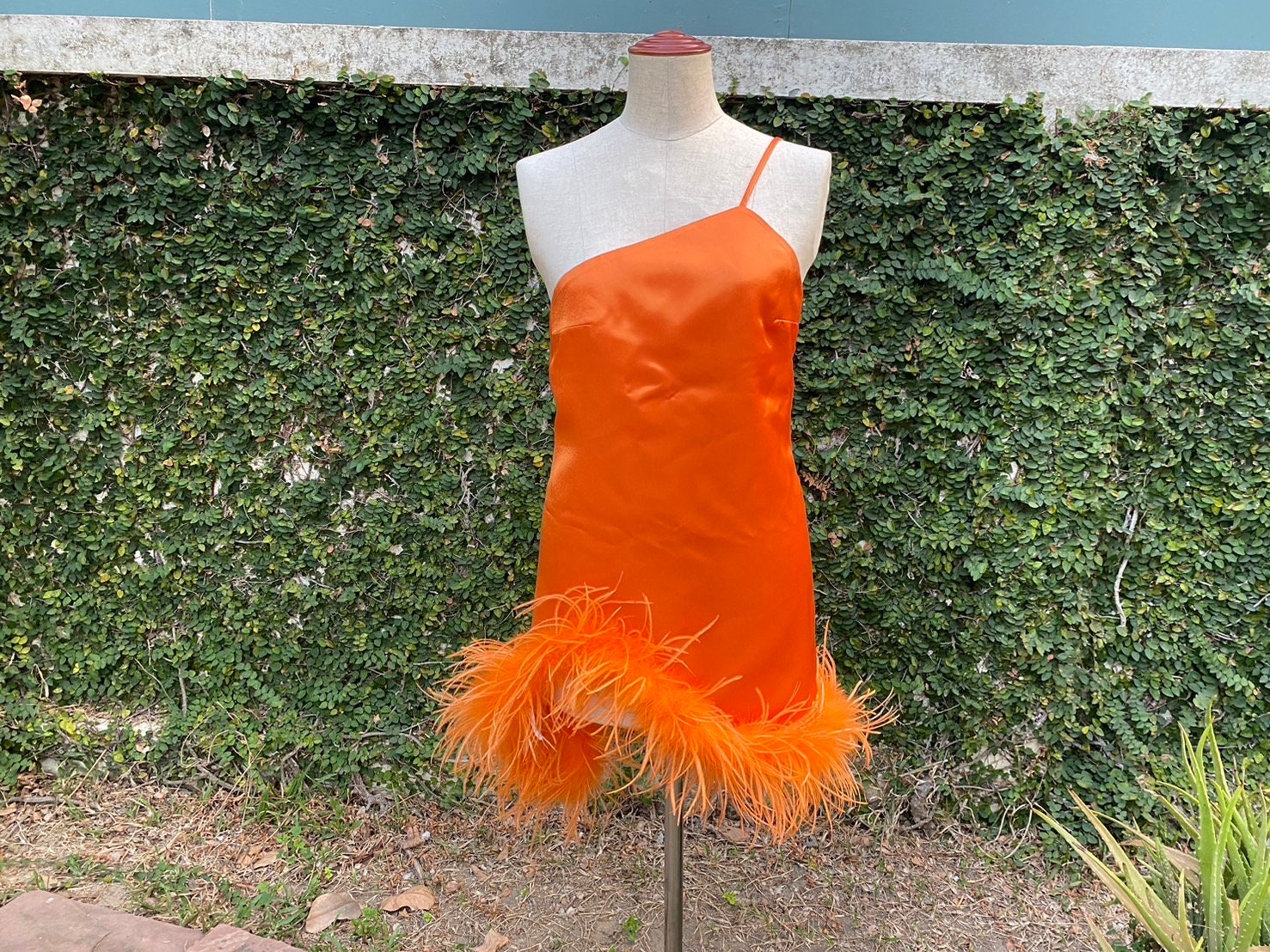 Orange Halter Mini Dress: Feather Trim, Plus Size Wedding Guest