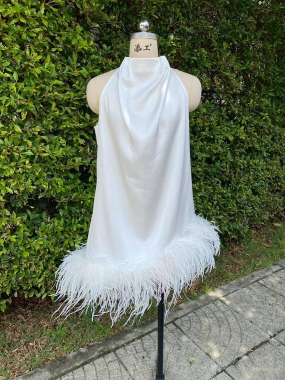 feather hem cocktail dress White Satin Cowl Neck Mini Dress, High Neck Draped Dress, Luxury Party Dress, Bridal After Party Outfit fabric_lining Color:Black Windsor Brocade Velvet Bridesmaids Dresses for Midi dress with classic jersey always