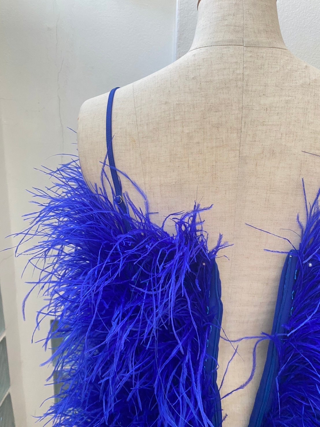blue ostrich feather dress Strapless Plunging Rhinestones Blue Ostrich Feather Dress