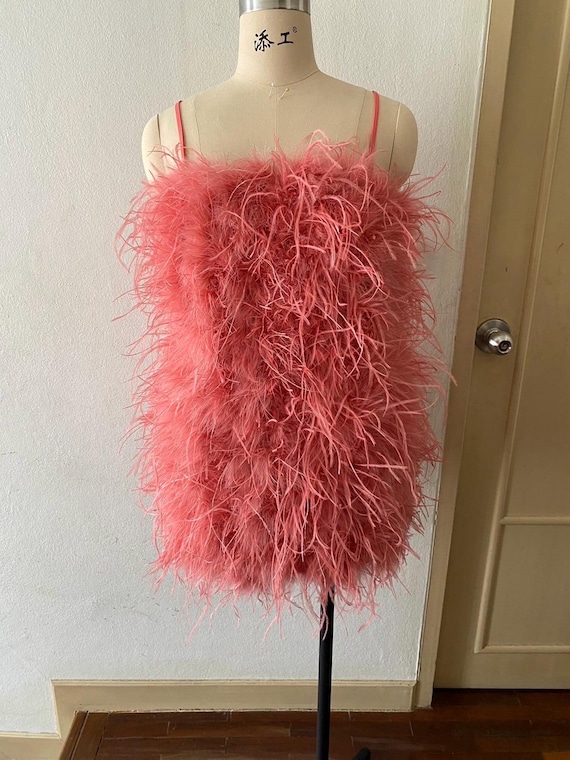 salmon mini dress Salmon Feather Mini Dress: Strapless Wedding Guest Dress