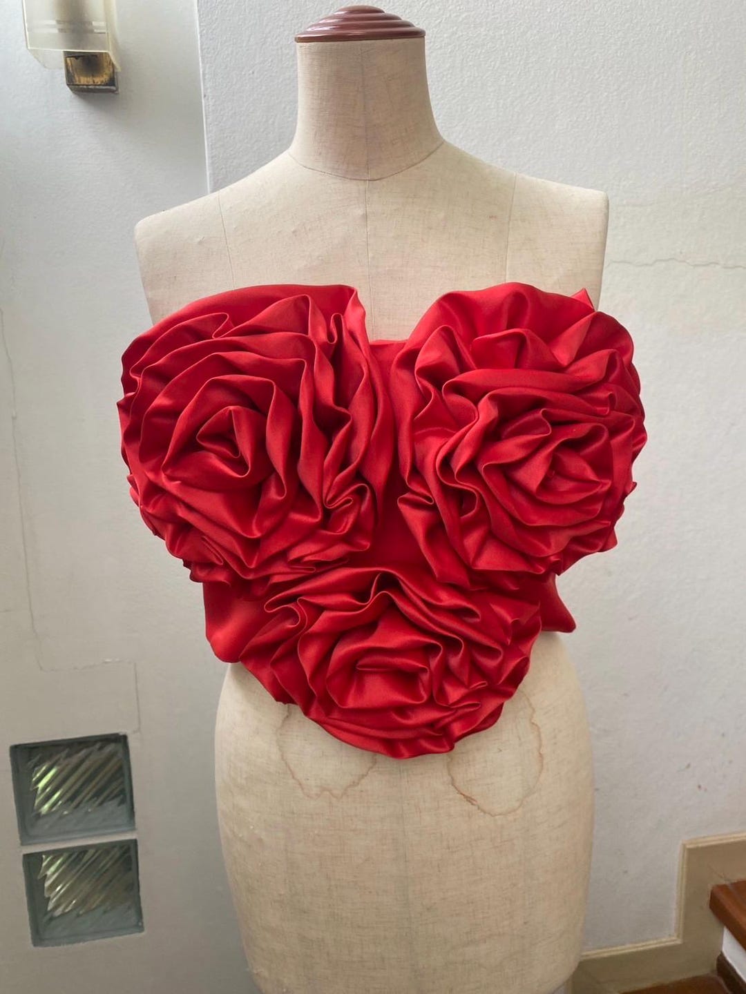 Red Duchess Satin Rose Bustier: Handmade Floral Corset Top - Etsy