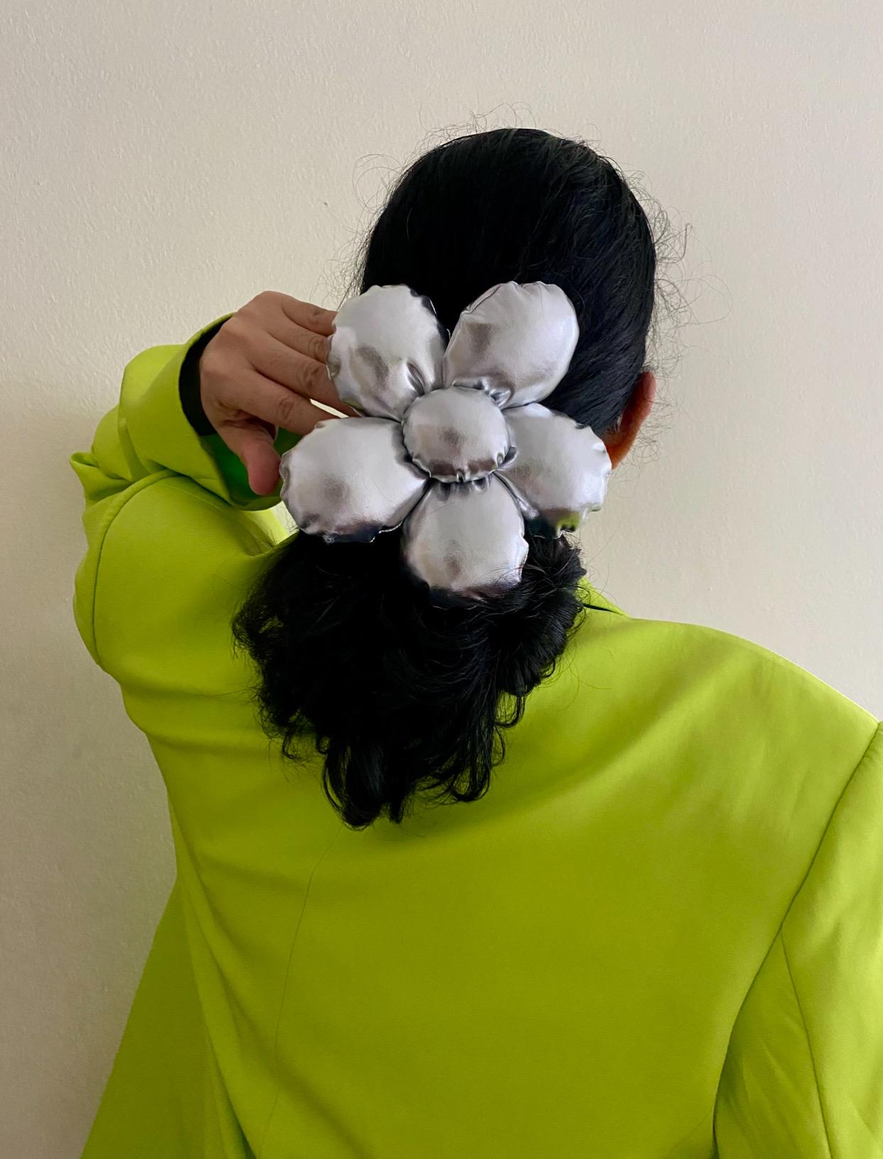 Handmade 3D Flower Metallic Scrunchie: Custom Silver Gold  display picture 1