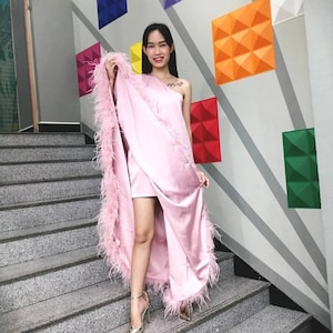 Blush Feather Trim Silk Satin Dress: Asymmetrical Wedding Kaftan