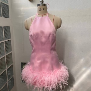 Pink feather mini dress,Unique wedding dress for women,Second dress wedding,Gift for girlfriend,Alternative wedding dress