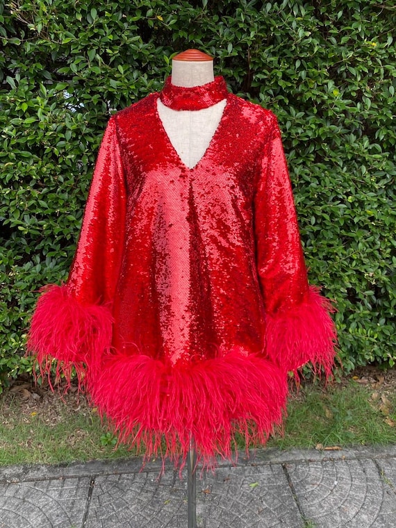 Custom Red Sequins Feather V Neck Short Dress Christmas Dress Long Sleeves Plus Size