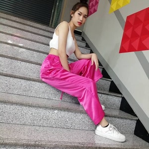 Shocking Pink Silk Satin Pants: Custom Elastic Waistband Loungewear
