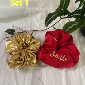 Personalized Satin Scrunchies: Custom Name Embroidered Hair Tie, Set of 2