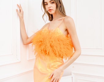 Orange Feather Mini Dress: Glitter Bridesmaid, Wedding Guest Dress