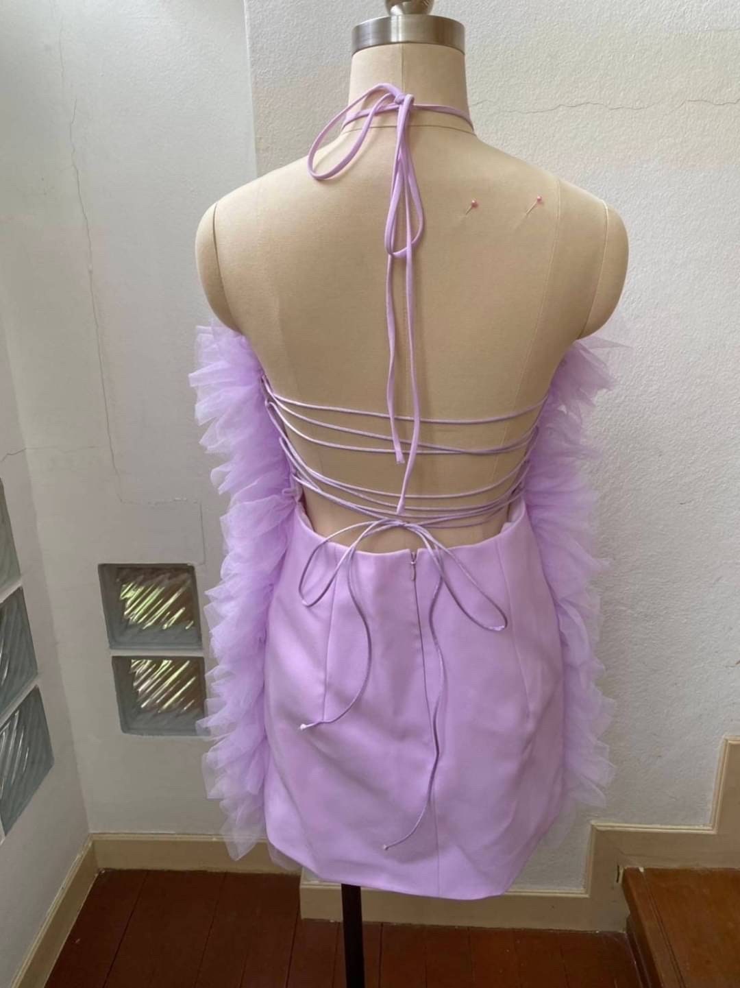 Lavender Tulle Short Dress: Halter Neck Back-Tie Spaghetti Strap