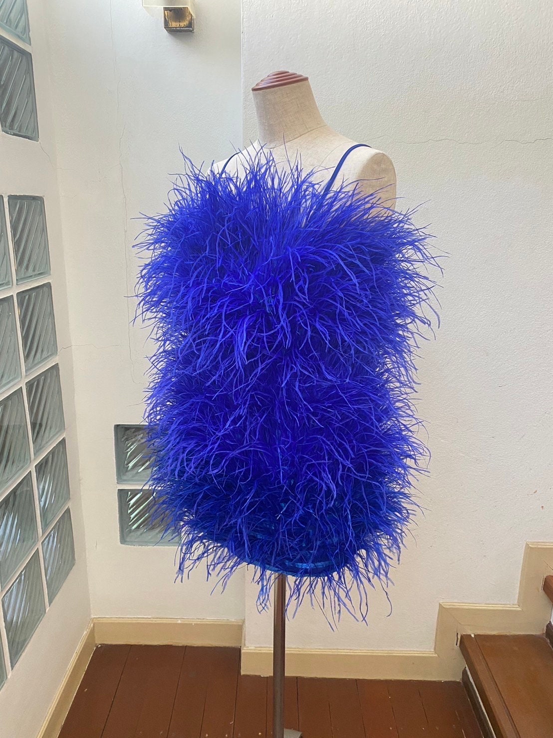 blue ostrich feather dress Strapless Plunging Rhinestones Blue Ostrich Feather Dress main image 0