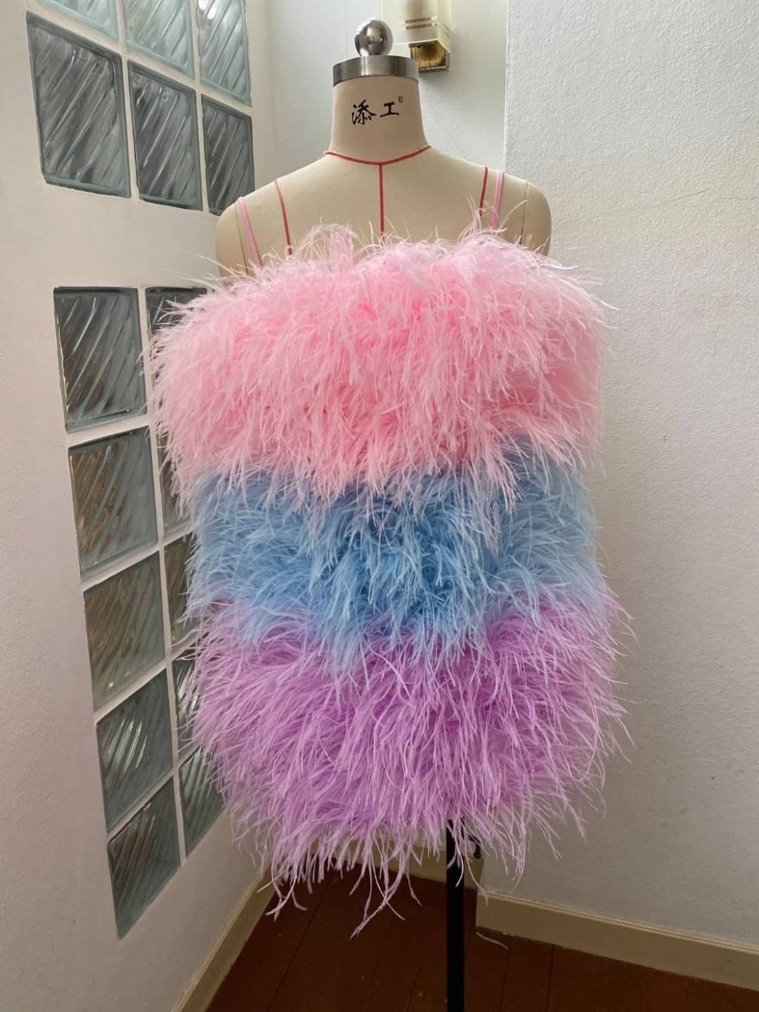 wool dress with real ostrich feather  bottom furry for party 2023 black color free shipping main image 0