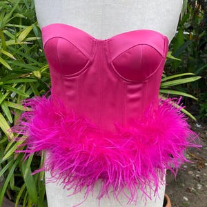 Hot Pink Feather Corset Top: Satin Bustier, Prom Dress