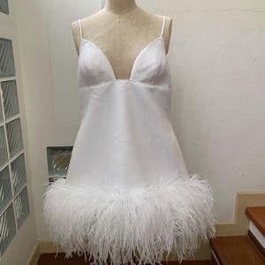 White Glitter Organza Mini Dress: Feather Trim Bachelorette Party Dress