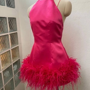 Hot pink feather halter neck custom short dress for women, Wedding guest dress plus size, Satin dress strap mini dress,Bridal dress short