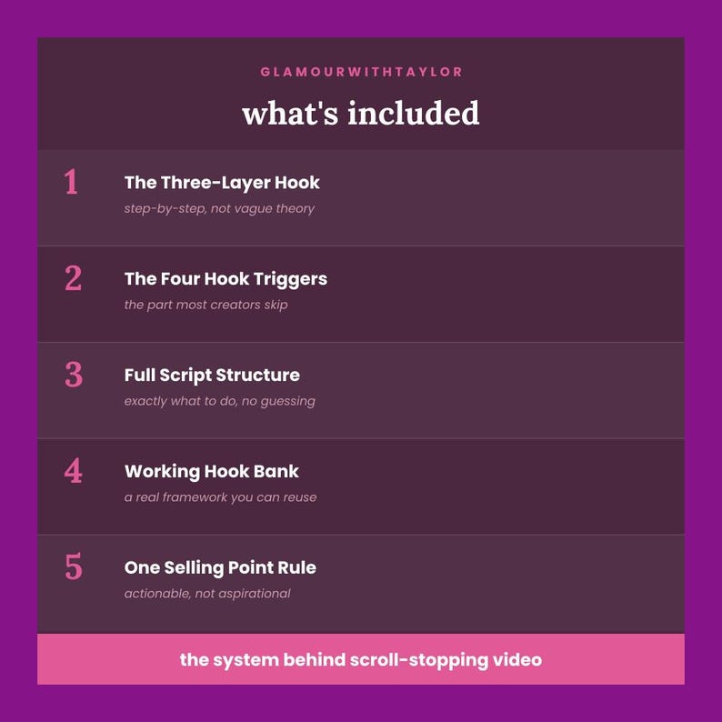 May include: A purple graphic list titled what's included by GLAMOURWITHTAYLOR. It details five components: The Three-Layer Hook, The Four Hook Triggers, Full Script Structure, Working Hook Bank, and One Selling Point Rule, ending with the system behind scroll-stopping video.