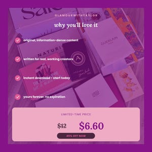 May include: A promotional graphic with a purple overlay featuring the text GLAMOURWITHTAYLOR and why you'll love it. It lists benefits with checkmarks and displays a limited-time price of $6.60, marked down from $12, with a 45% off now button.