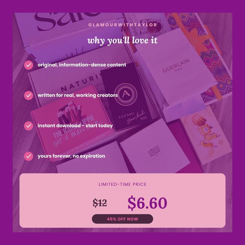 May include: A promotional graphic with a purple overlay featuring the text GLAMOURWITHTAYLOR and why you'll love it. It lists benefits with checkmarks and displays a limited-time price of $6.60, marked down from $12, with a 45% off now button.